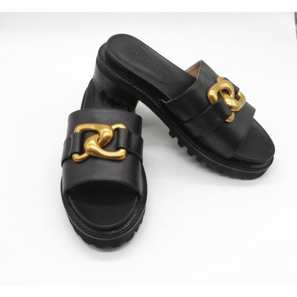 Aerosoles Lima Leather Slide Sandals With Gold Chain Detail Black Size 8M NEW - Picture 3 of 7